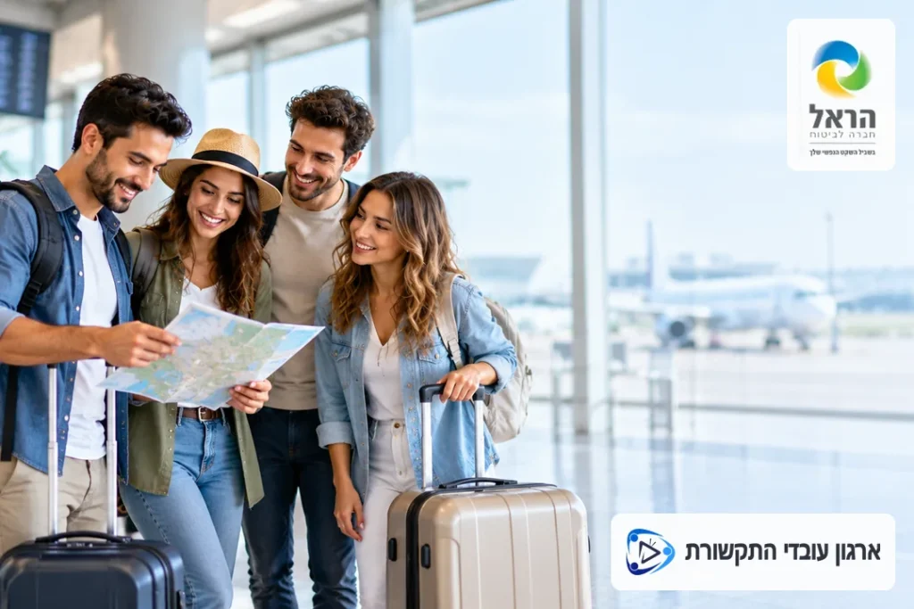 חברים מתכננים את המסע בשדה התעופה, עם הלוגואים של הראל וארגון עובדי התקשורת
